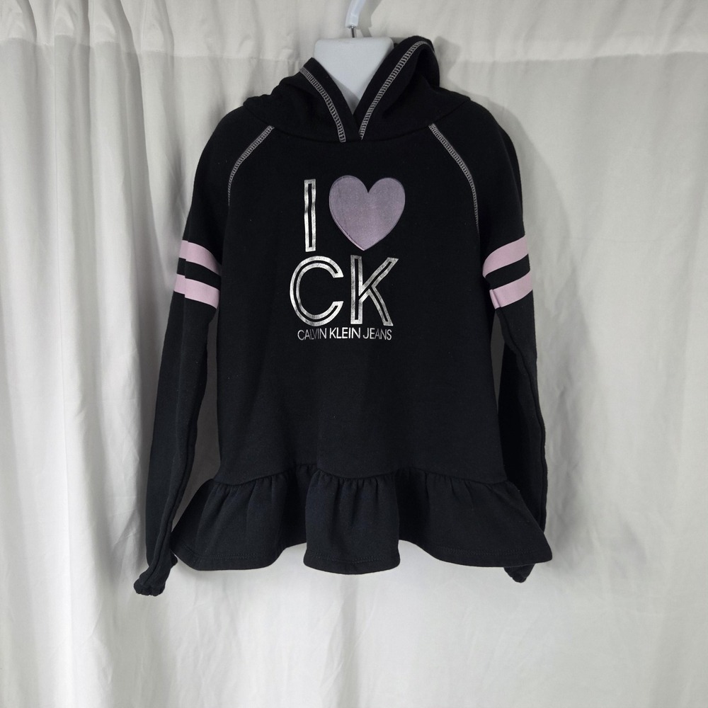 Calvin Klein Jeans Hoodie Girls 8-10 Black I Love CK Ruffle Graphic Pullover
